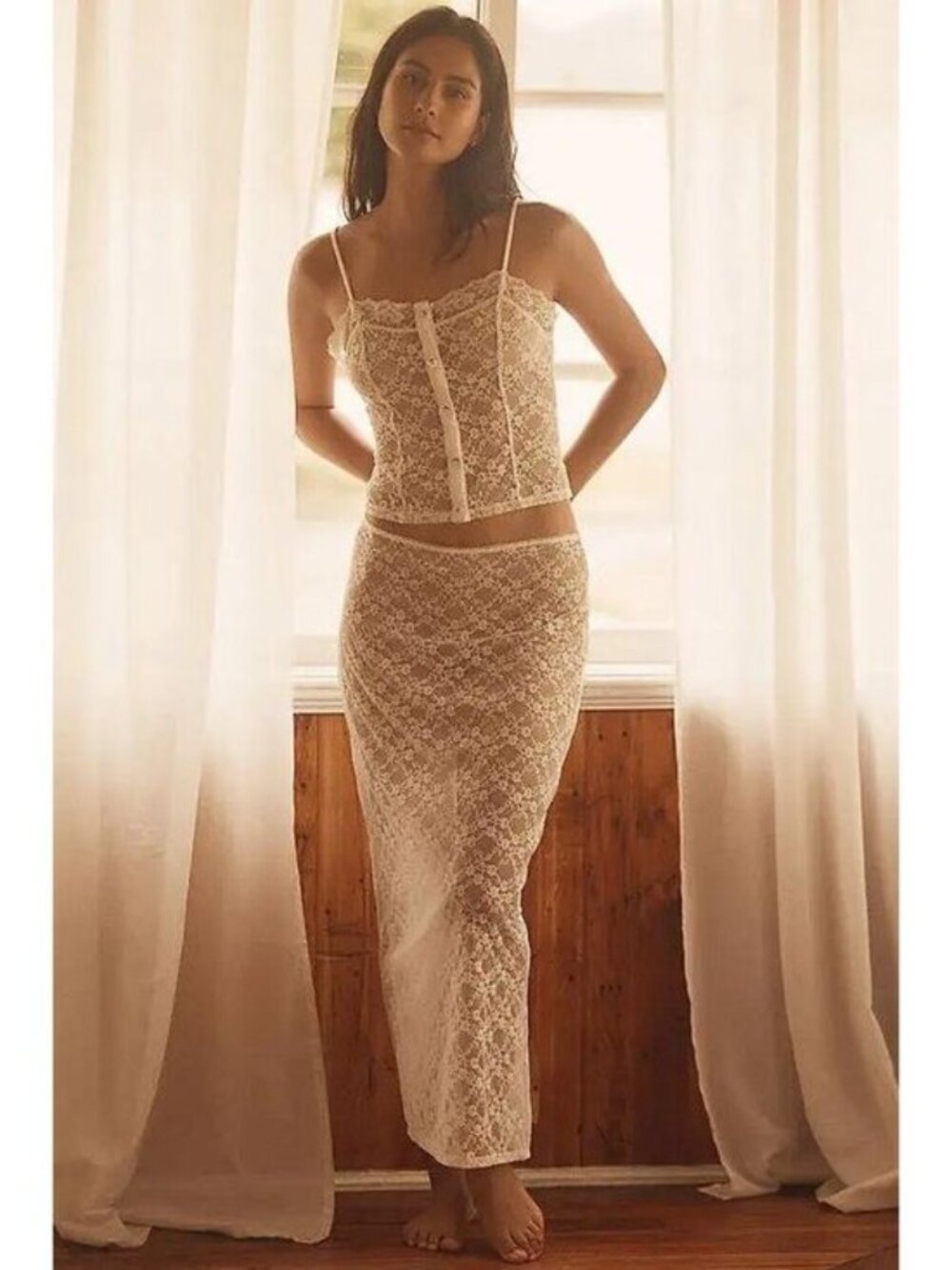 LYREBIRD Women's Lace Maxi Slip Skirt Size M in Ivory